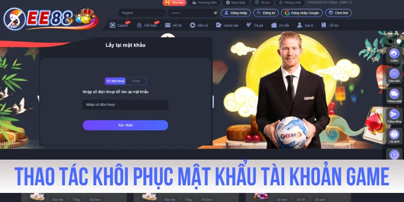 Thao tác khôi phục mật khẩu tài khoản game EE88